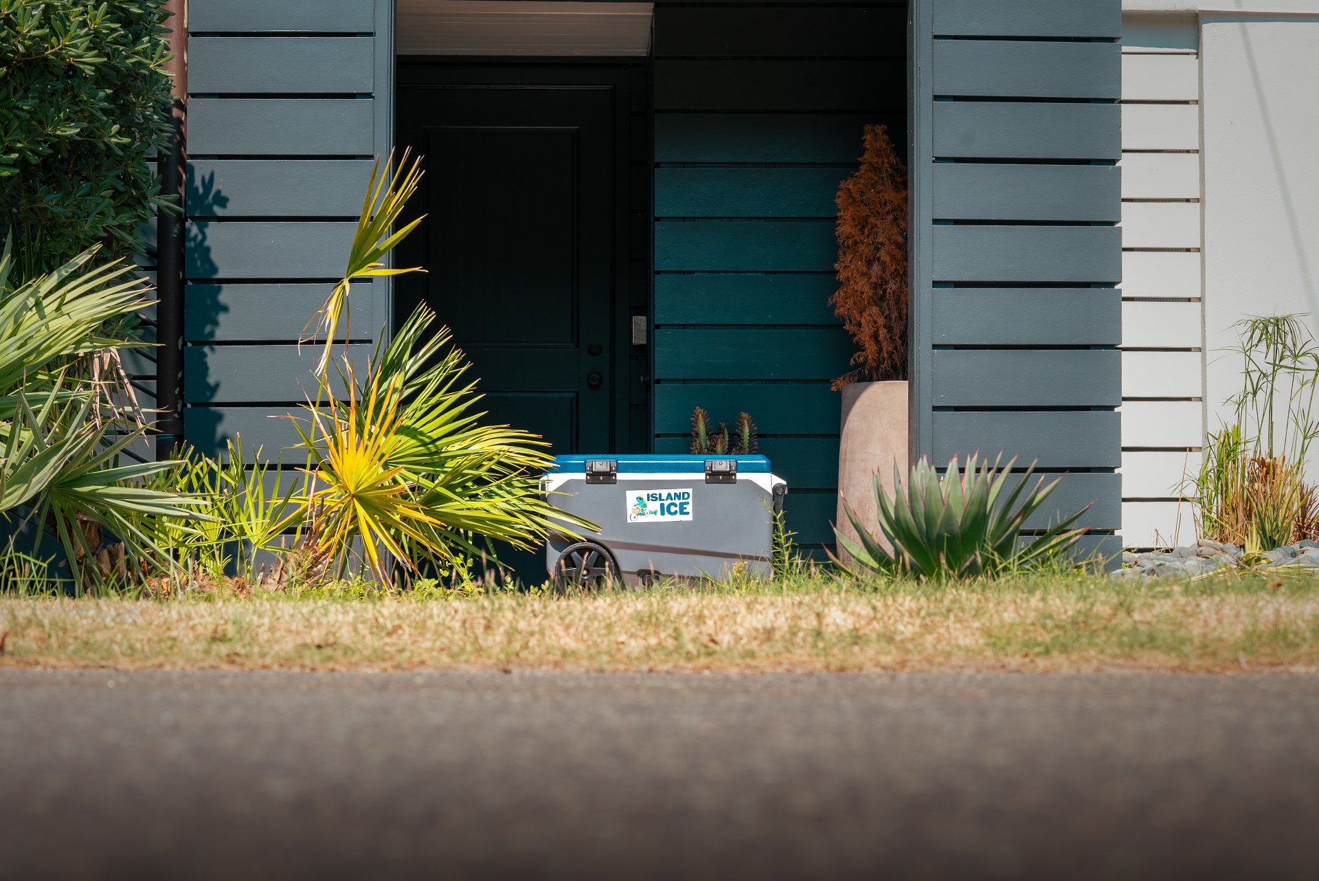 Island Ice cooler delivered to a front door